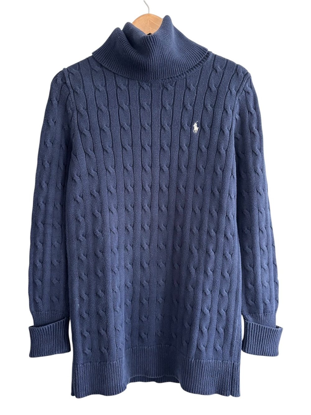 Vintage Ralph Lauren Sport Navy Cable Turtleneck Sweater with Embroidered Logo